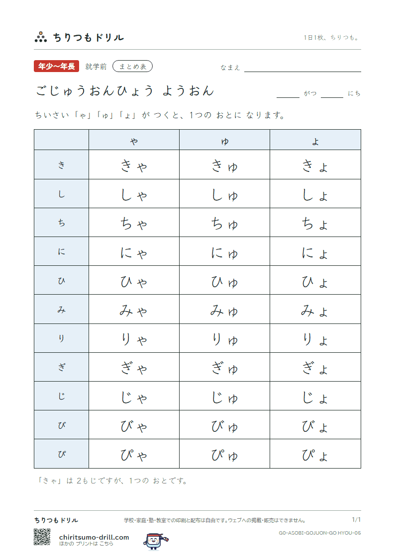 ごじゅうおんひょう(ようおん)の見本